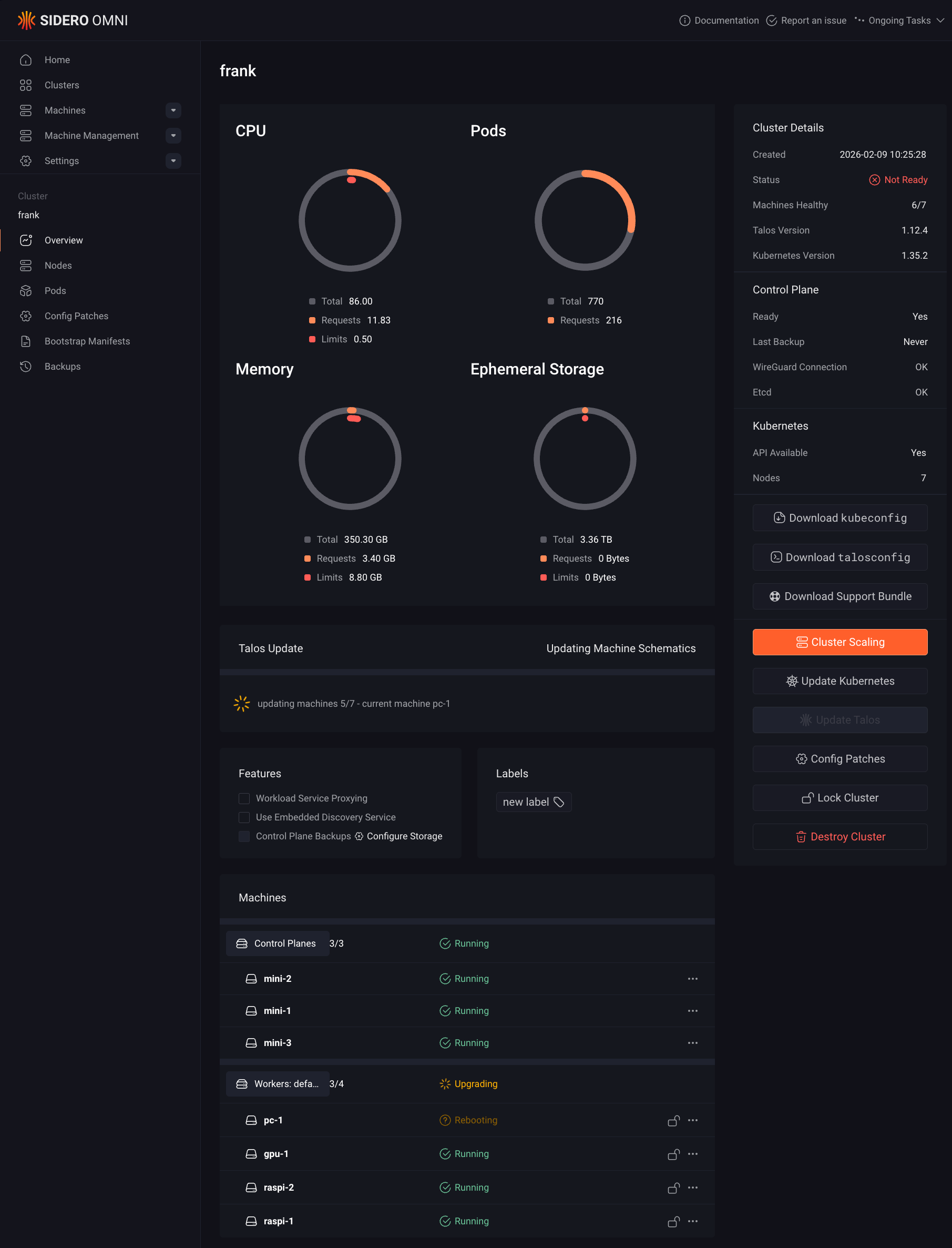 Omni cluster dashboard showing CPU, pods, memory, and node status for the frank cluster