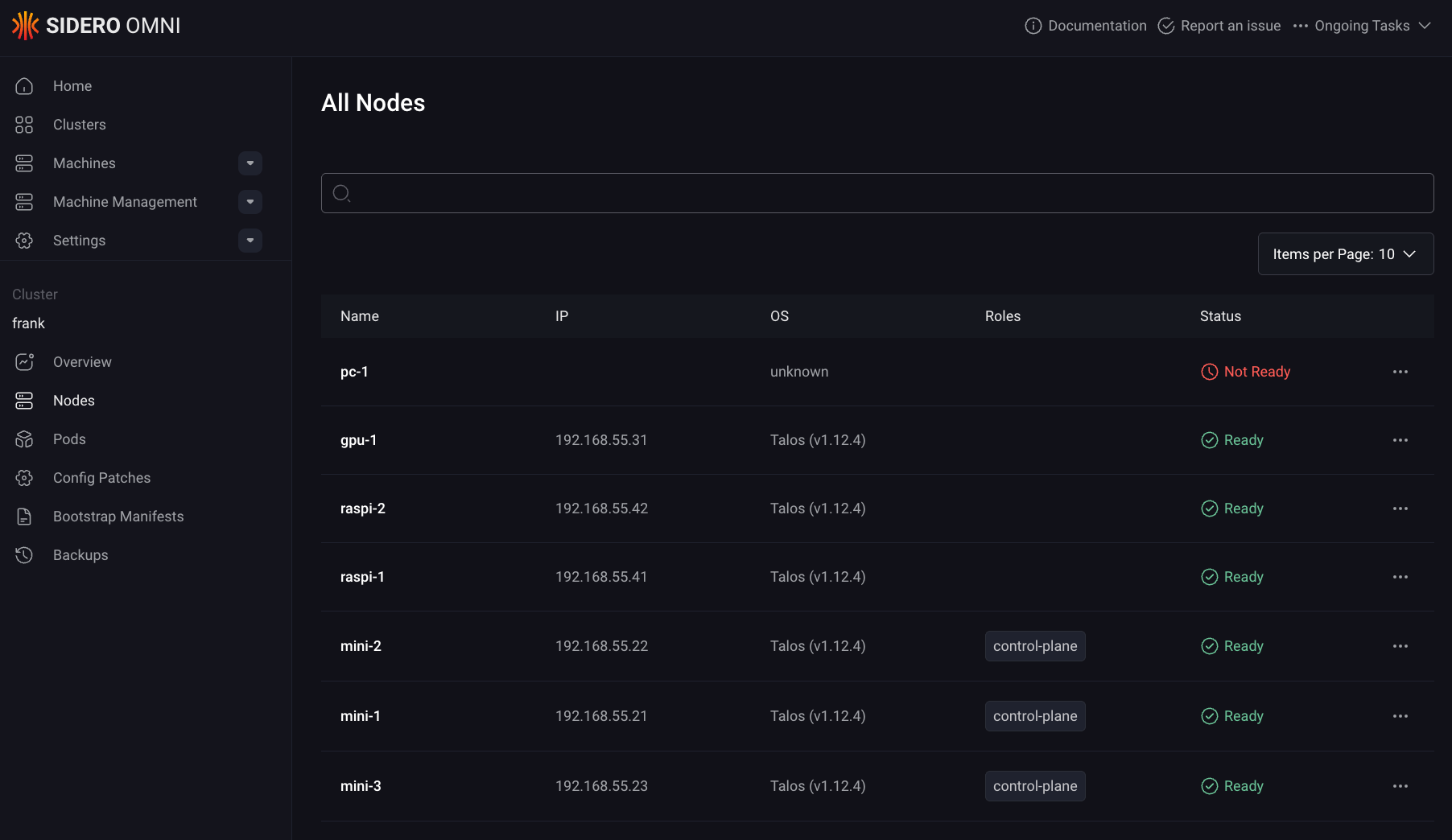 Omni dashboard showing all nodes with IPs, OS versions, roles, and status